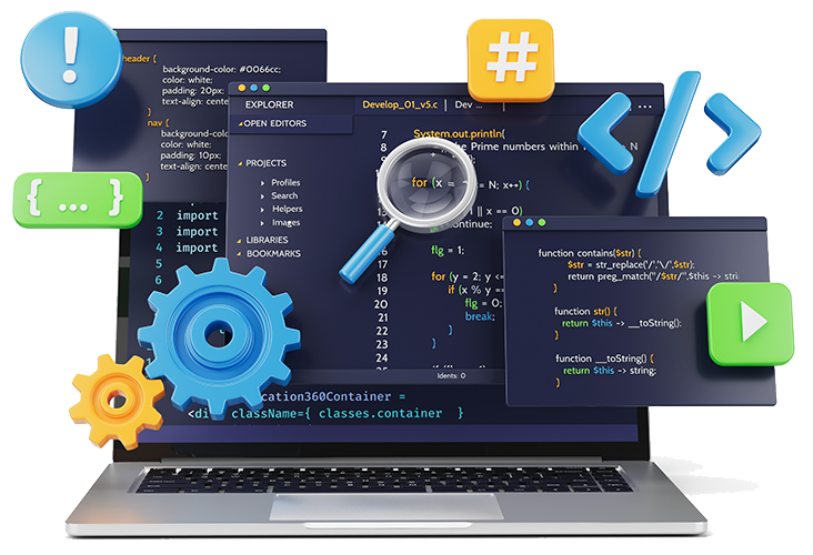 Webseitenanalyse - symbolisiert durch verschiedene Grafiken und Icons