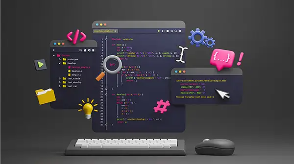Webseitenanalyse - symbolisiert durch verschiedene Grafiken und Icons