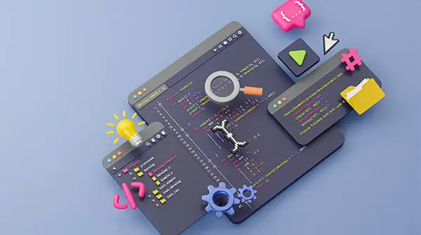 Webseitenanalyse - symbolisiert durch verschiedene Grafiken und Icons