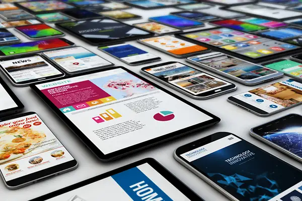 Viele Tablets und Smartphones mit Webseiten liegen auf einem Tisch