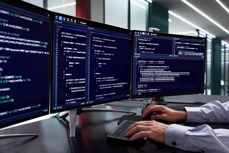 Ein Developer arbeitet an mehreren Bildschirmen
