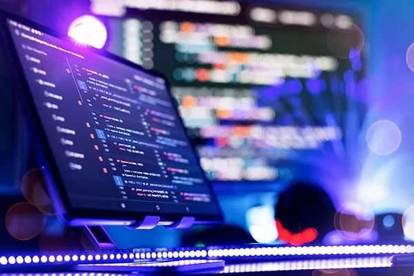 Ein Computerbildschirm steht vor einem hellen Großbildschirm - beide zeigen Code