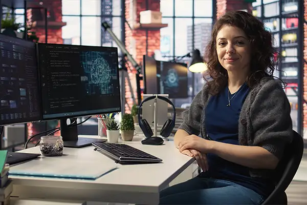 Freundliche Developerin schaut an ihrem Arbeitsplatz in die Kamera
