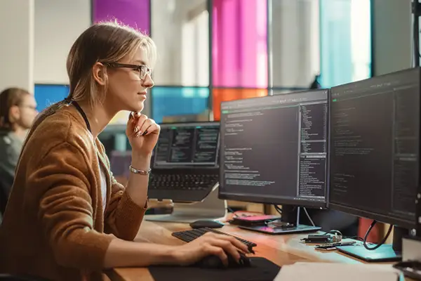 Eine Developerin betrachtet Code auf einem Monitor
