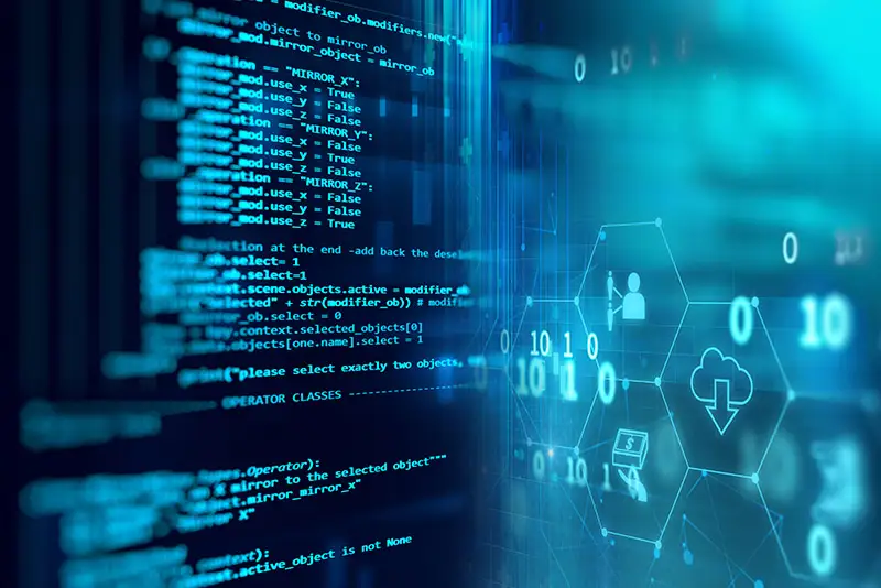 Icons schweben über einem Screen mit Code - darunter das Icon für Cloud-Software