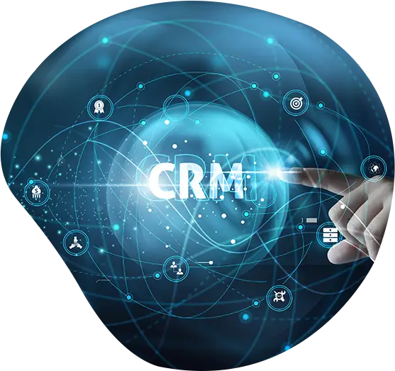 "CRM" schwebt über einem blauen Hintergrund mit Symbolen