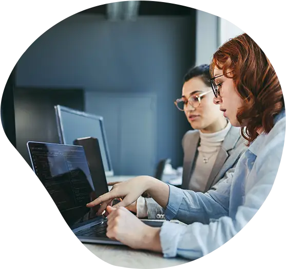 Kundin und Developerin bei einem Meeting am Monitor