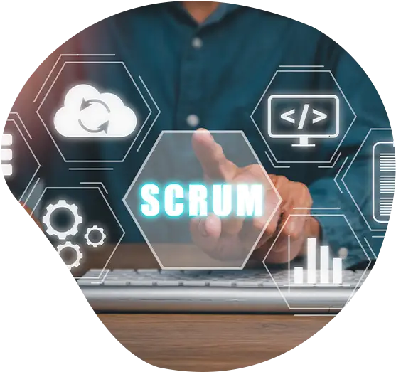 Hand eines Mannes benutzt einen Laptop-Computer mit SCRUM-Symbol auf einem VR-Bildschirm.