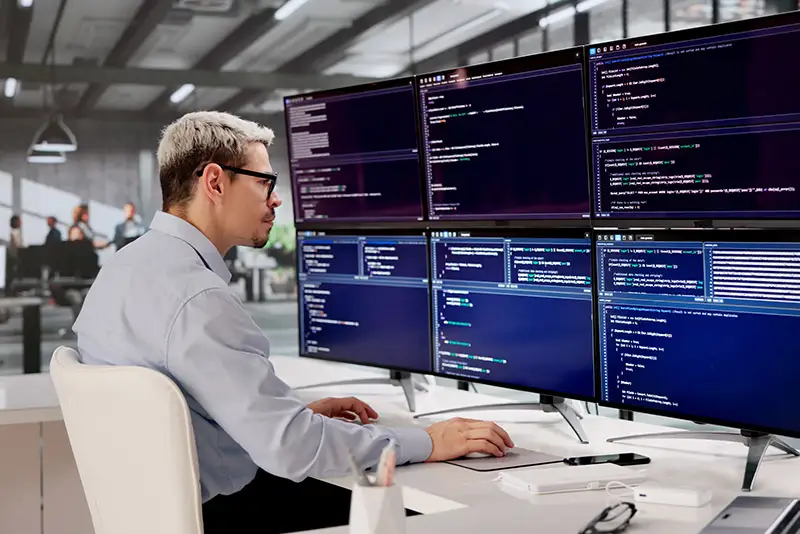 Ein Developer bei der Arbeit vor drei Bildschirmen