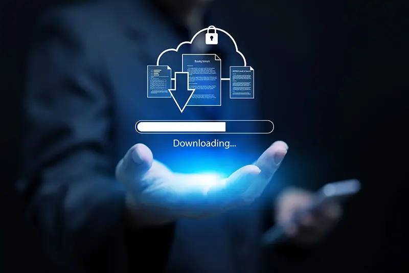 Downloadsymbole schweben über einer Hand als Symbolisierung für Datenbank-Anwendung