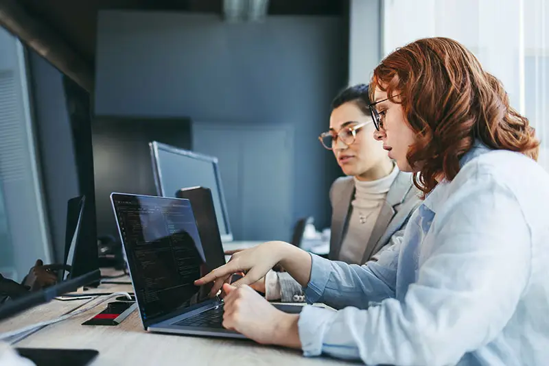 Zwei Angestellte eines Unternehmens an einem Laptop nutzen Businesssoftware