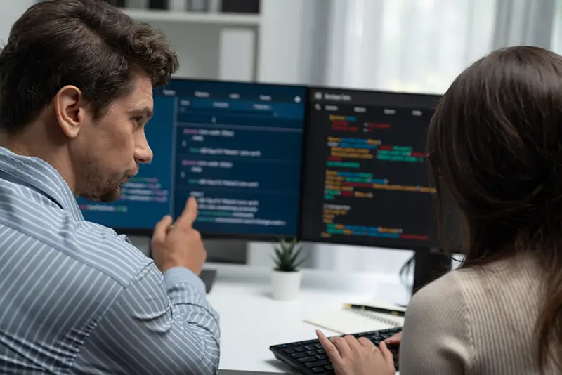 2 Mitarbeiter besprechen ein Softwareprojekt an einem Arbeitsplatz.