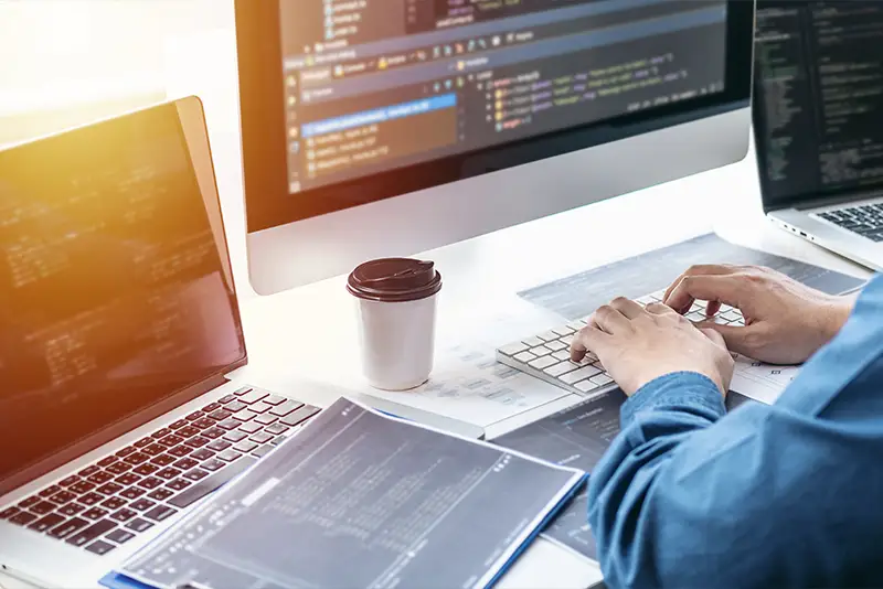 Professioneller Entwickler arbeitet an der Programmierung einer Software- und Codierungstechnologien.