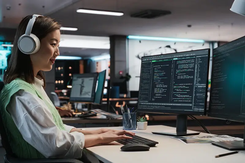 Softwareentwicklering sitzt an Ihrem Arbeitsplatz und schreibt Programmiercode.