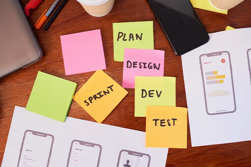 Farbenfrohe Flat-Lay-Darstellung des Softwareentwicklungszyklus – Planung, Design, Entwicklung, Test.