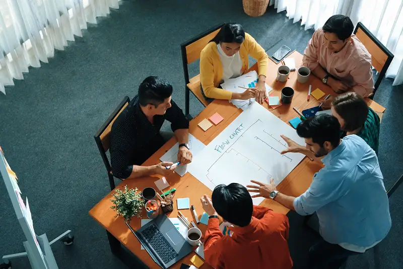 Draufsicht auf eine Gruppe von Menschen beim Brainstorming und Erstellen eines Scrum-Taskboards.