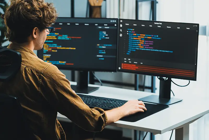 IT-Entwickler arbeitet online an der Softwareentwicklung auf PC-Monitoren in einem modernen Homeoffice, mit Codierungsanwendungen auf den Bildschirmen, und erstellt das Konzept einer aktualisierten neuesten Programm-Firmware-Version.